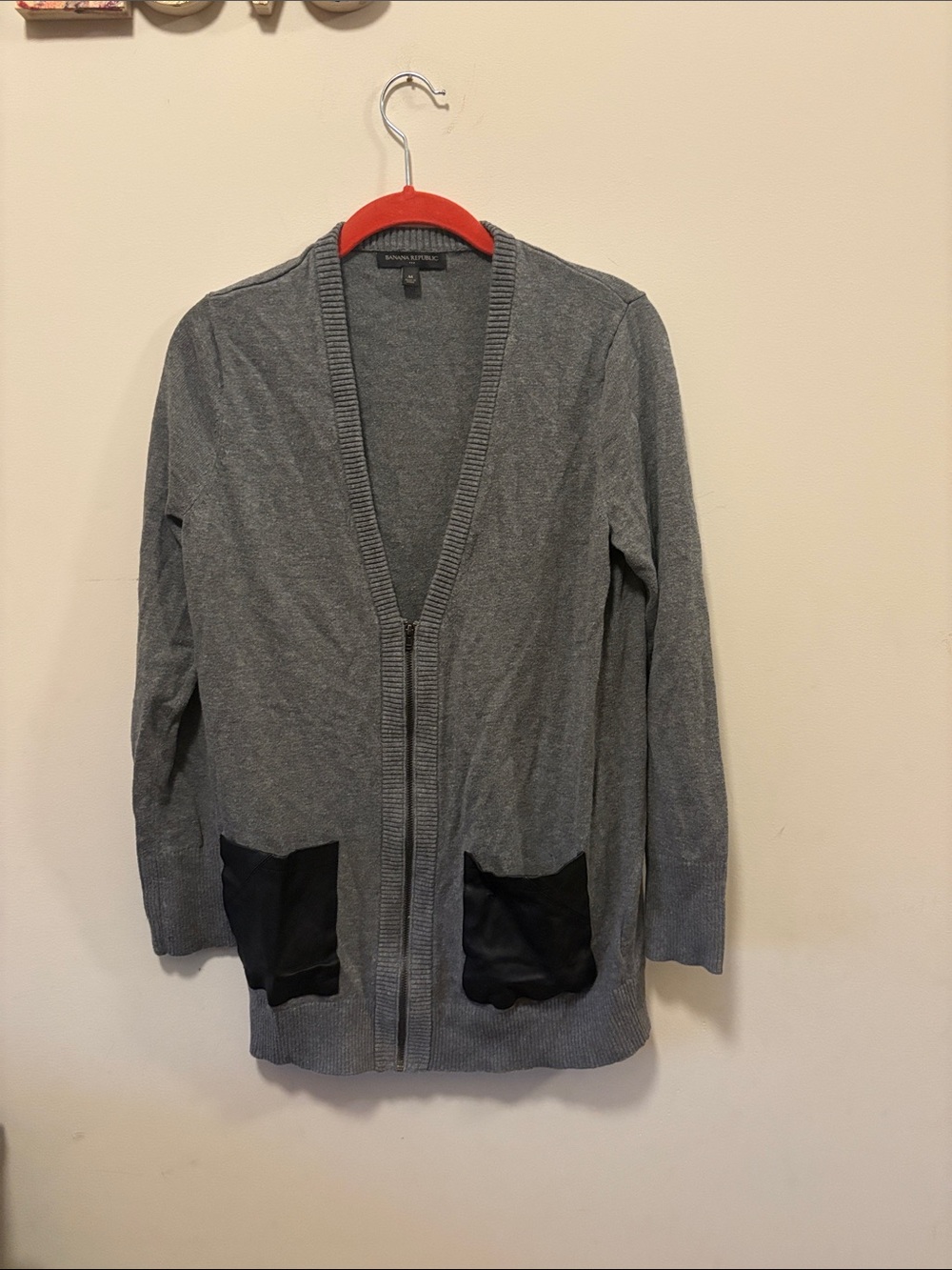 LOFT Gray Open-Front Cardigan with faux leather Black Pocket Accents